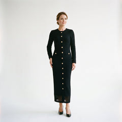Women's Black Midi Gown | Midi Ribbed Knit Button Front