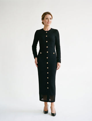 Women's Black Midi Gown | Midi Ribbed Knit Button Front
