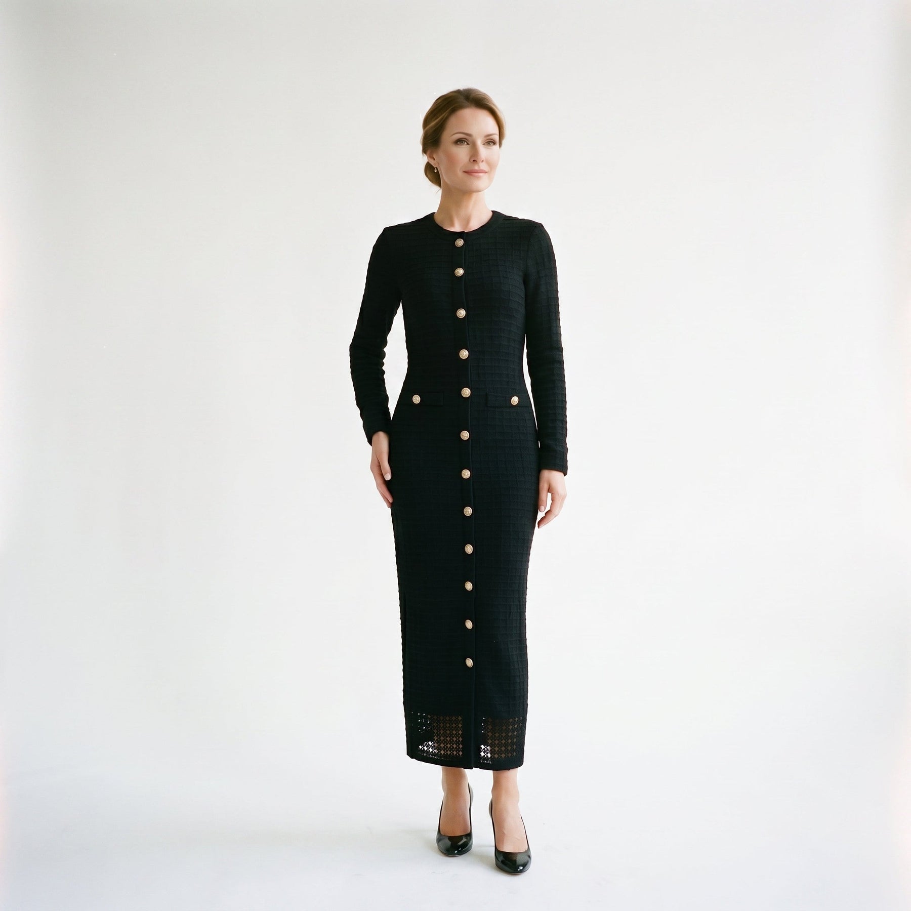 Women's Black Midi Gown | Midi Ribbed Knit Button Front