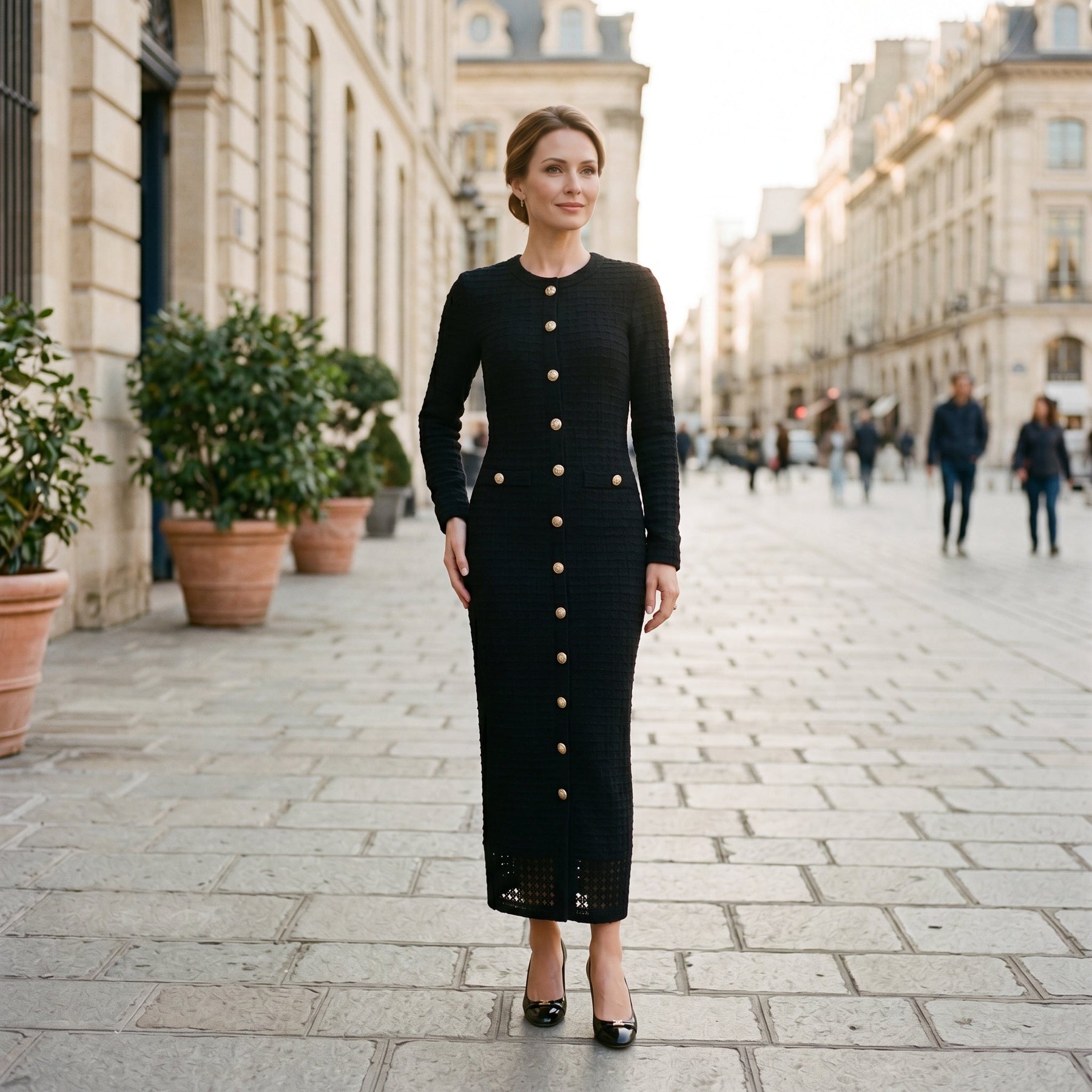 Women's Black Midi Gown | Midi Ribbed Knit Button Front