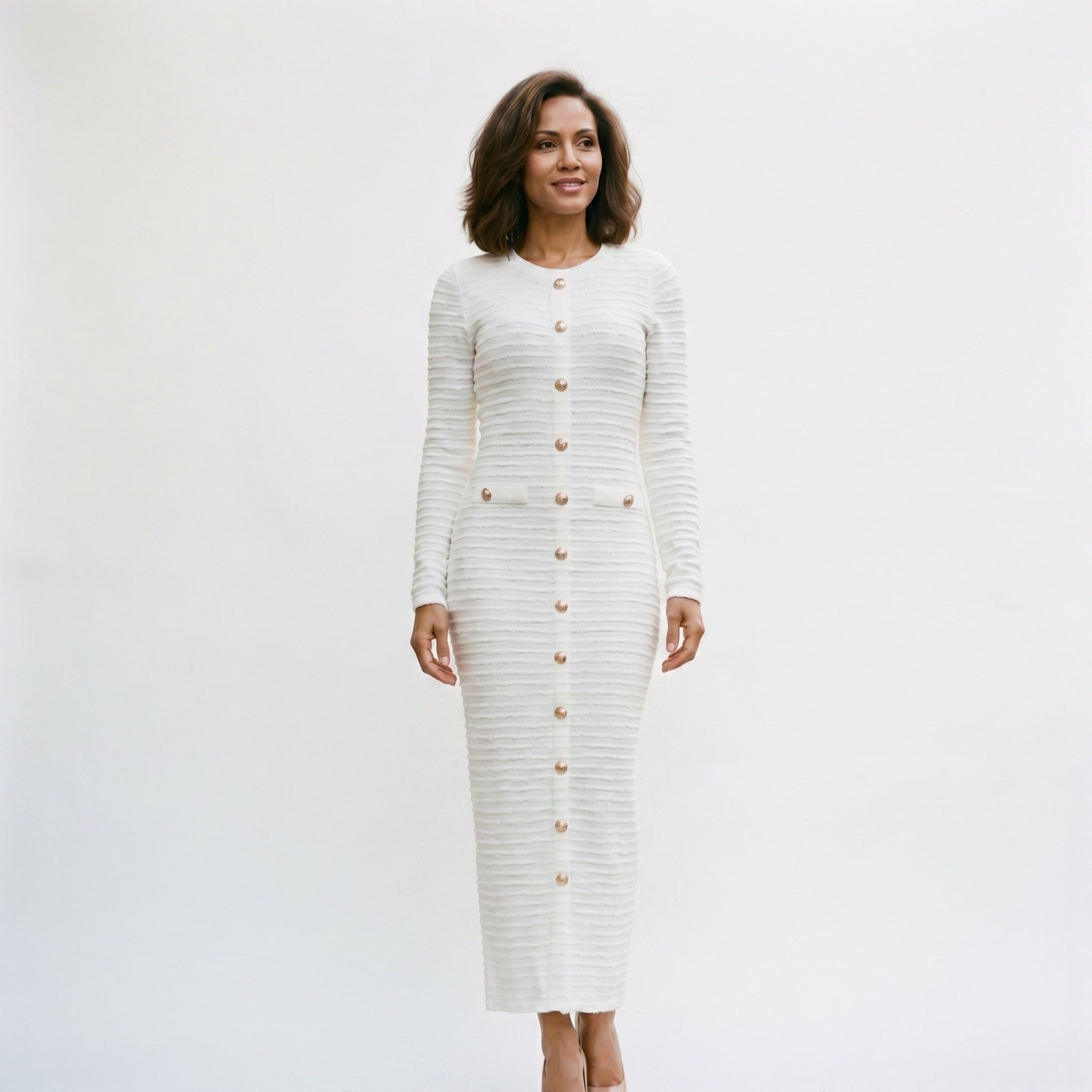 Women's Black Midi Gown | Midi Ribbed Knit Button Front