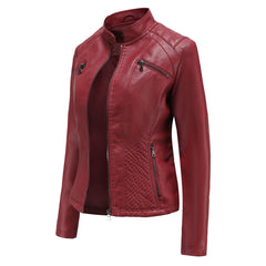 Women's Leather Jacket | Stand Collar Zip Closure Long Sleeve