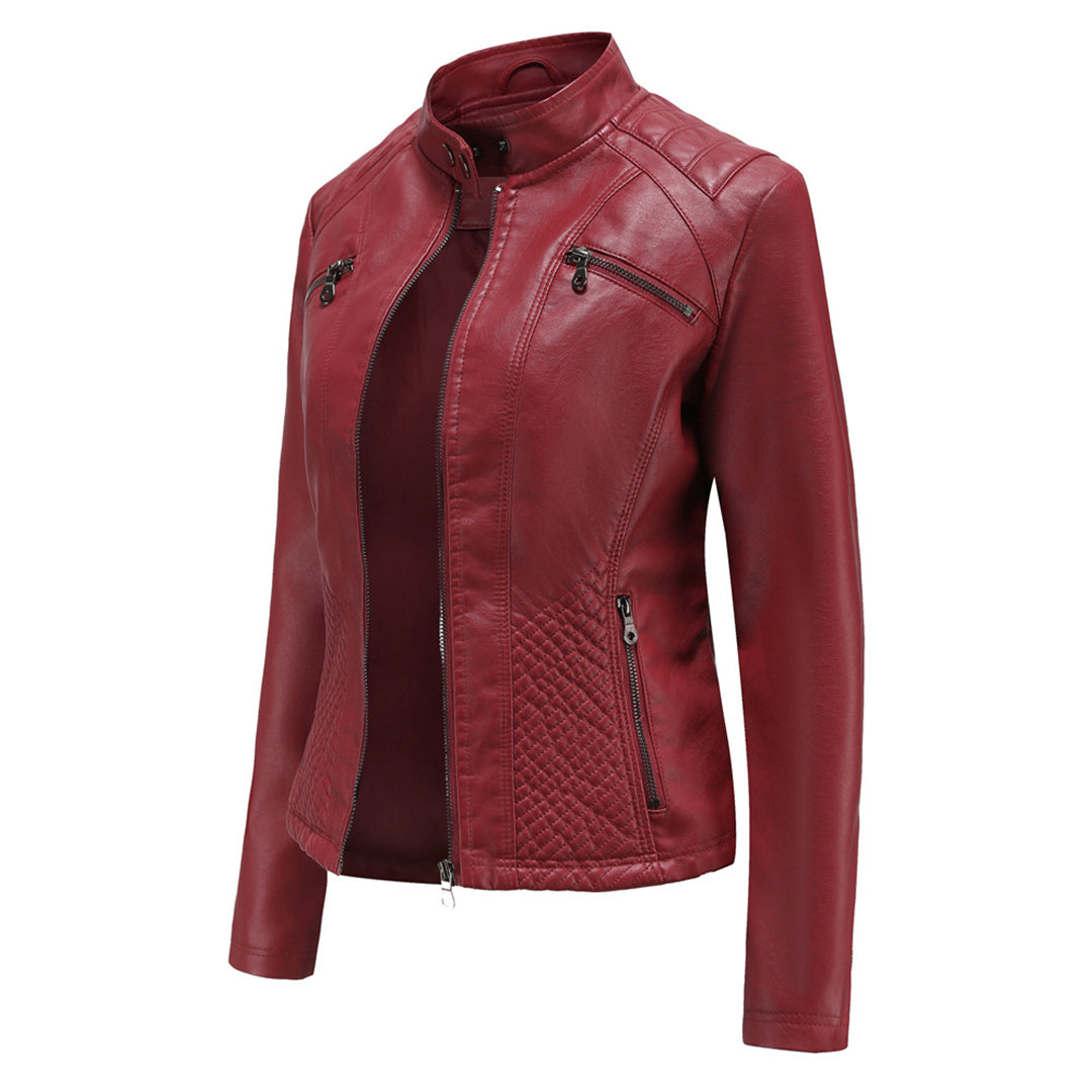 Women's Leather Jacket | Stand Collar Zip Closure Long Sleeve