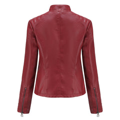 Women's Leather Jacket | Stand Collar Zip Closure Long Sleeve