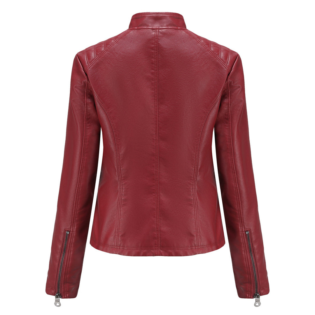Women's Leather Jacket | Stand Collar Zip Closure Long Sleeve