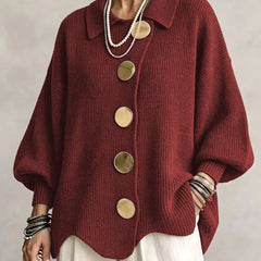 Women's Cardigan | Oversized Lantern Sleeves Scalloped Hem Button Closure