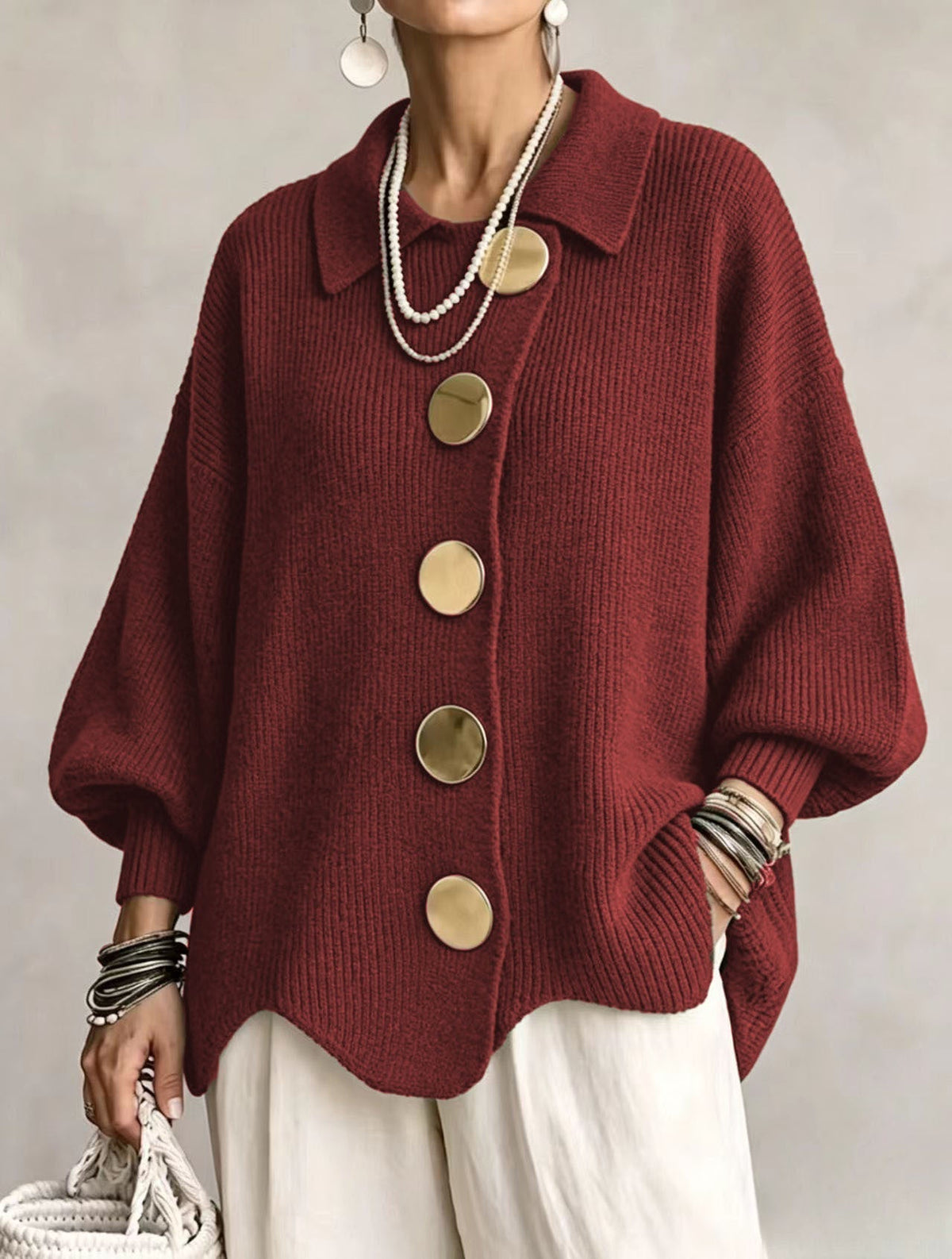 Women's Cardigan | Oversized Lantern Sleeves Scalloped Hem Button Closure