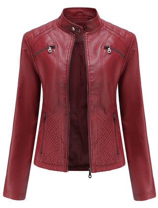Women's Leather Jacket | Stand Collar Zip Closure Long Sleeve