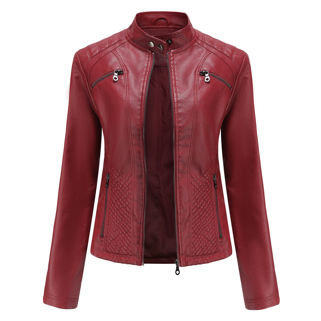 Women's Leather Jacket | Stand Collar Zip Closure Long Sleeve