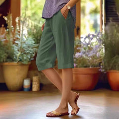 Women's Linen Pants | Relaxed Fit Cropped V-Notch Pockets