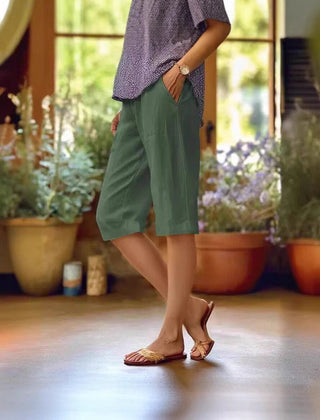 Women's Linen Pants | Relaxed Fit Cropped V-Notch Pockets