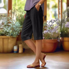 Women's Linen Pants | Relaxed Fit Cropped V-Notch Pockets