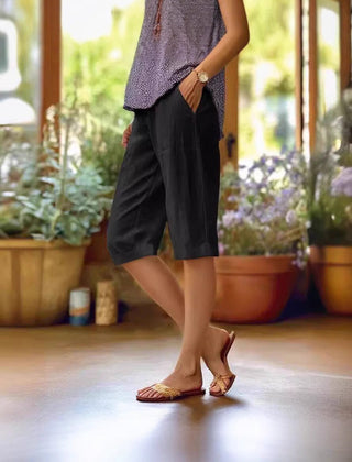Women's Linen Pants | Relaxed Fit Cropped V-Notch Pockets