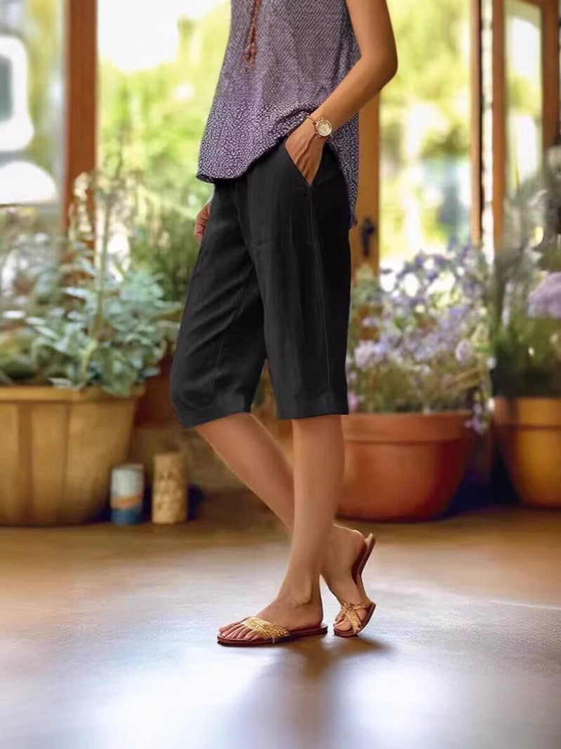 Women's Linen Pants | Relaxed Fit Cropped V-Notch Pockets