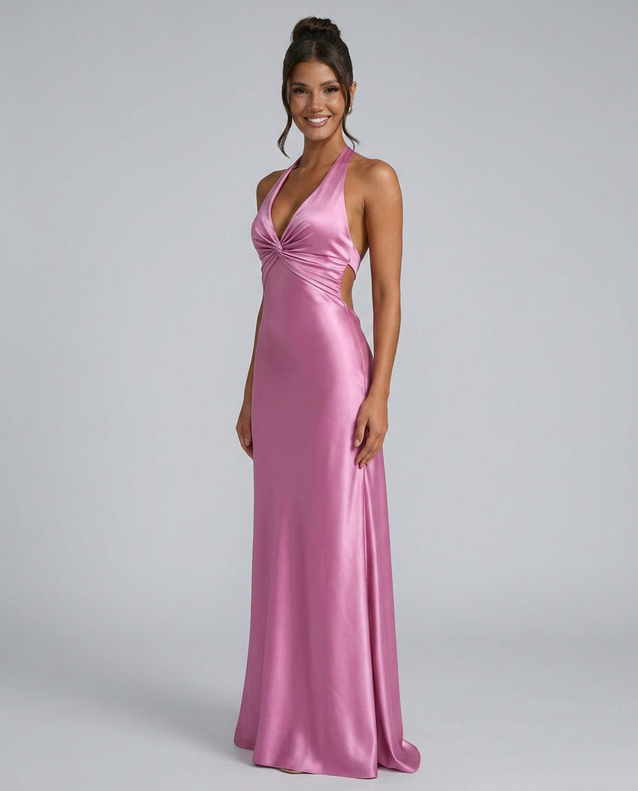 Women's Grad Dress | Halter Neckline Open Back Maxi Satin