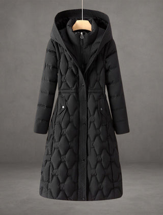 Stylish women's quilted puffer coat, a warm maxi jacket with hood for elegant winter outerwear.