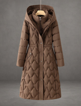 Cold weather women's elegant quilted maxi coat, a fashionable hooded puffer jacket.
