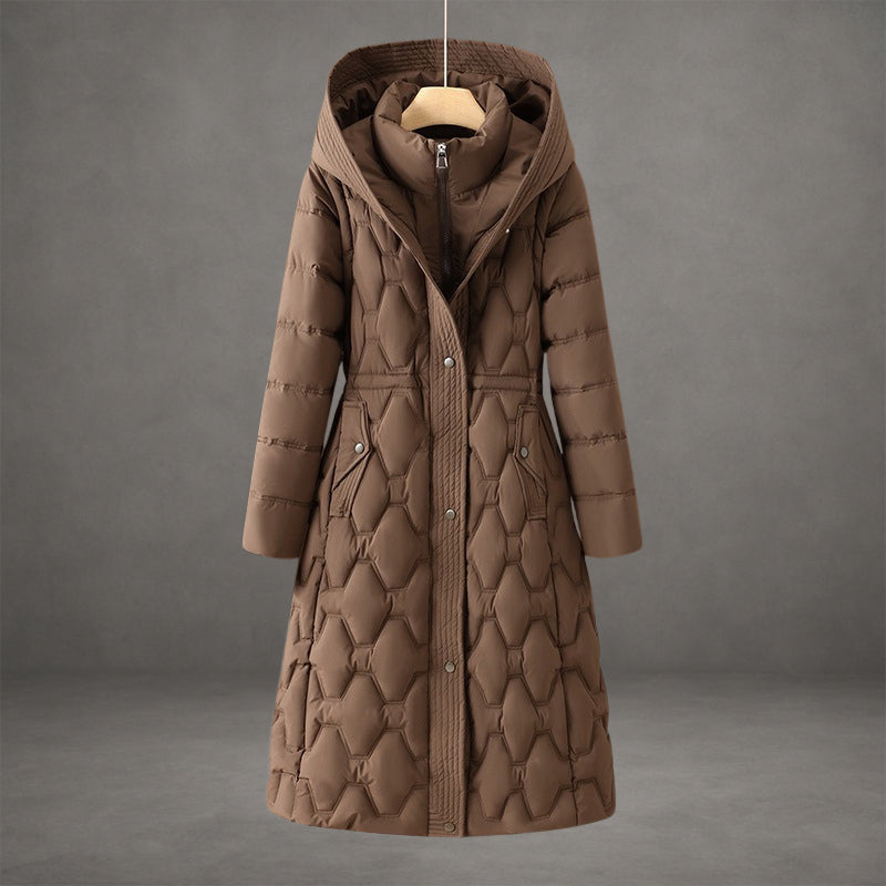 Cold weather women's elegant quilted maxi coat, a fashionable hooded puffer jacket.