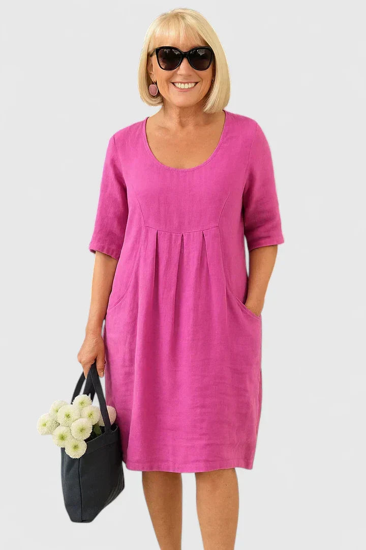 Women's Green Sundress | Midi Scoop Neck Half Sleeve Linen