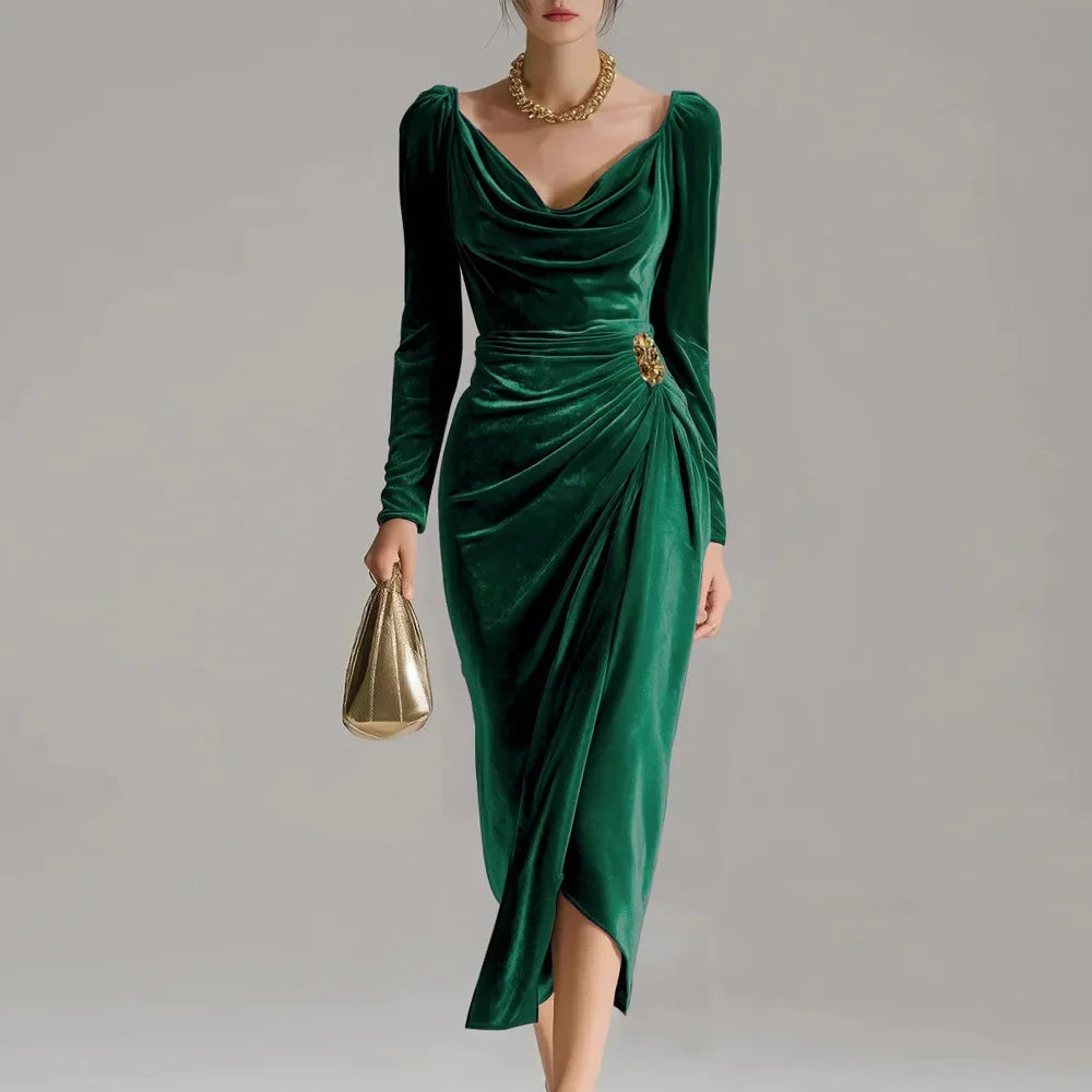 Women's Christmas Party Dress | Cowl Neck Long Sleeve Velvet Midi Wrap