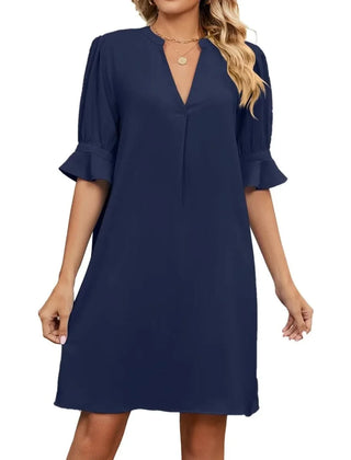Women's Smart Dress | V Neck Midi Puffed Sleeve