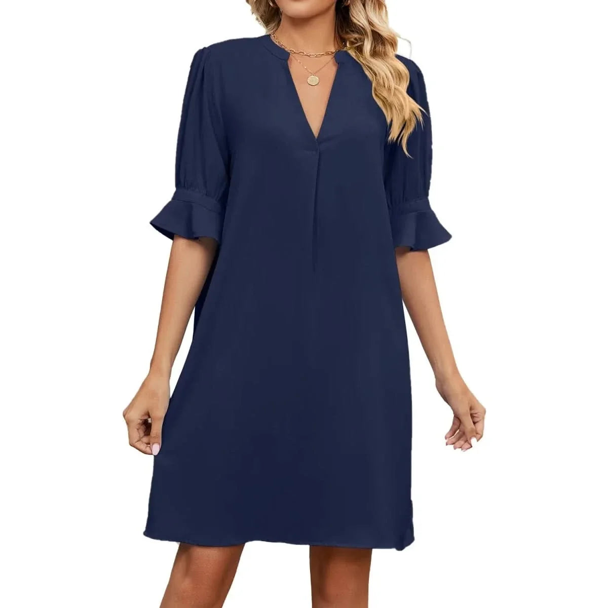 Women's Smart Dress | V Neck Midi Puffed Sleeve