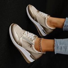 Women's Platform Sneakers | Metallic Upper Lace Closure Zipper