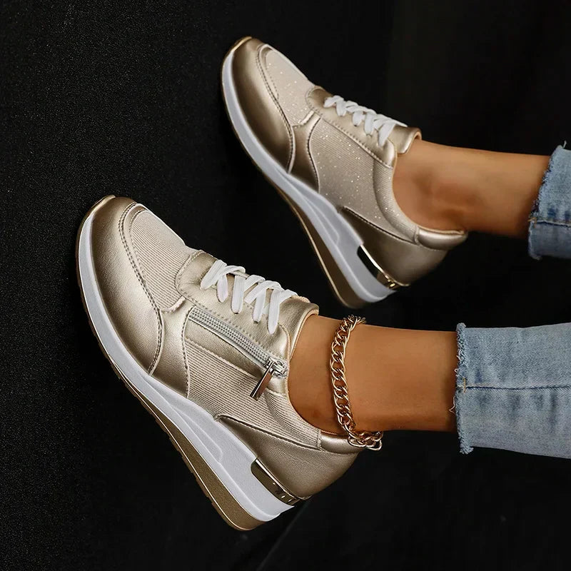 Women's Platform Sneakers | Metallic Upper Lace Closure Zipper