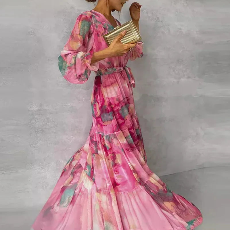 Women's Wedding Guest Dress | Maxi Length V-Neck Floral Print Long Sleeve