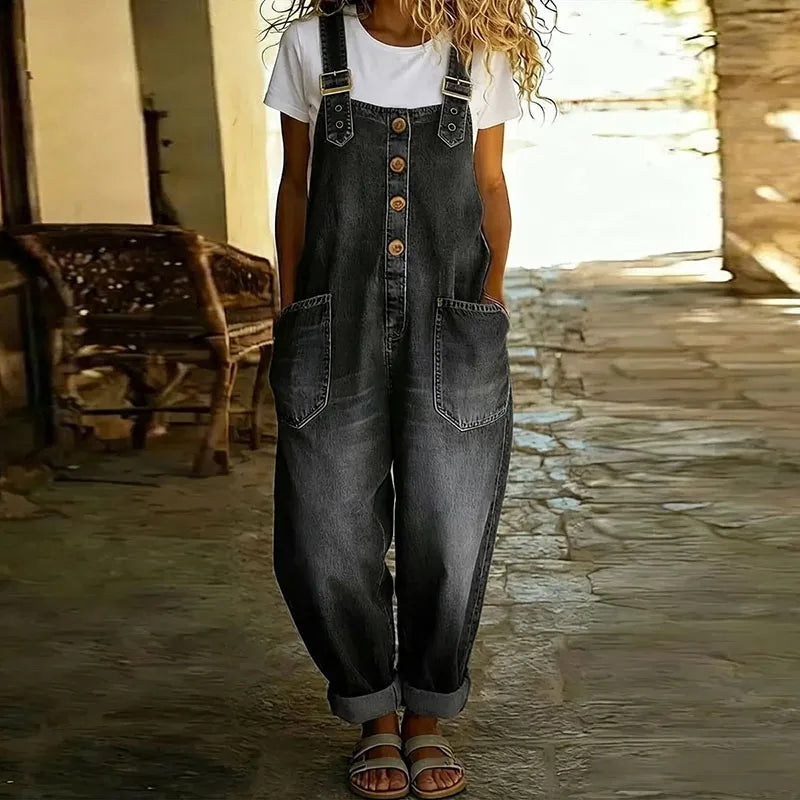 Women's Denim Overall | Button Front Relaxed Fit Wide Leg