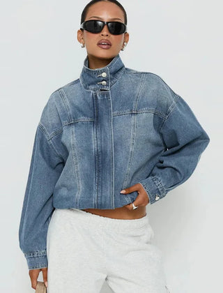 Women's Denim Jacket | Cropped Relaxed Fit Stand Collar Hidden Button