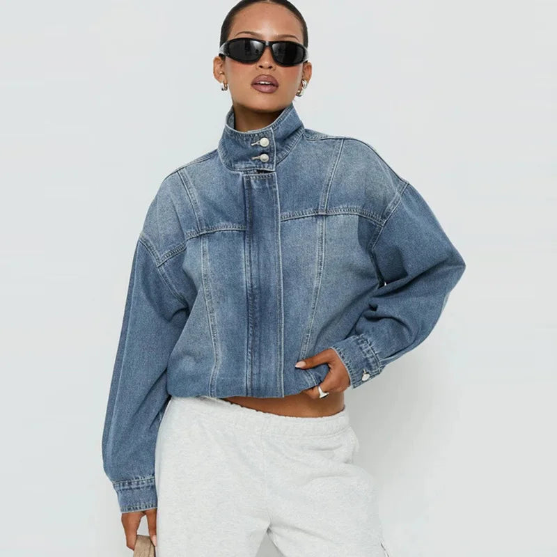 Women's Denim Jacket | Cropped Relaxed Fit Stand Collar Hidden Button