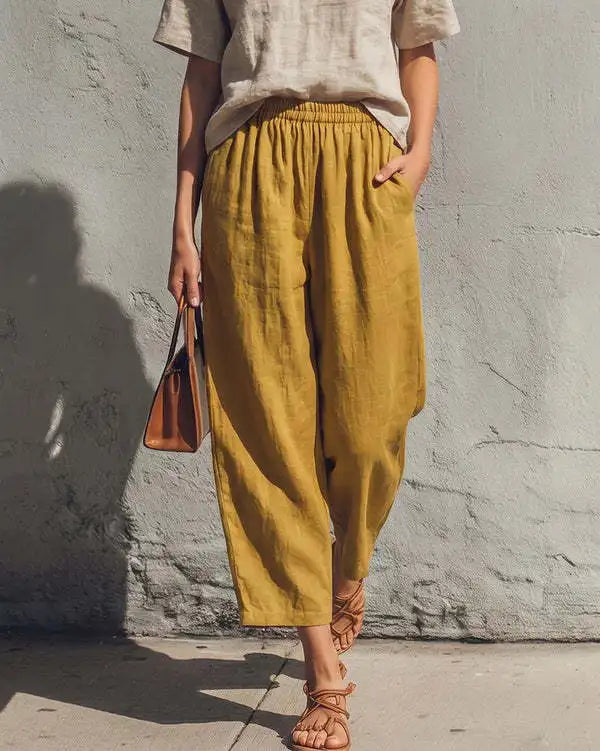 Women's Linen Pants | Wide Leg Relaxed Fit Elastic Waist