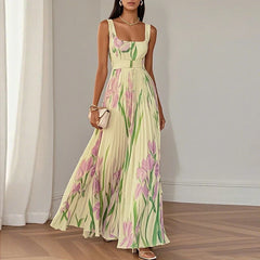 Women's Floral Maxi Dress | Square Neckline Sleeveless Pleated