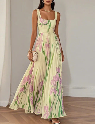 Women's Floral Maxi Dress | Square Neckline Sleeveless Pleated