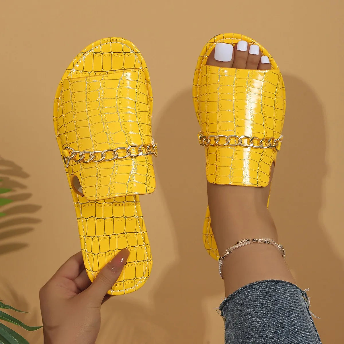 Women's Flip Flop | Open Toe Chain Detail Croc Print Sole