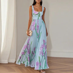 Women's Floral Maxi Dress | Square Neckline Sleeveless Pleated