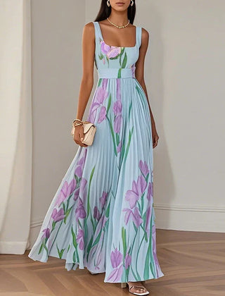 Women's Floral Maxi Dress | Square Neckline Sleeveless Pleated