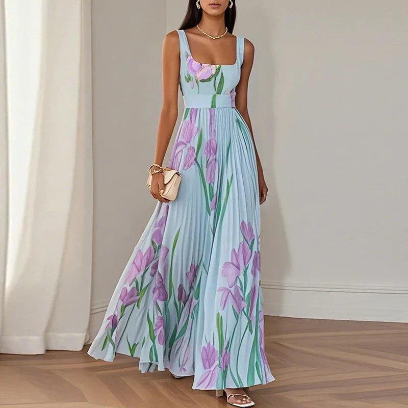 Women's Floral Maxi Dress | Square Neckline Sleeveless Pleated