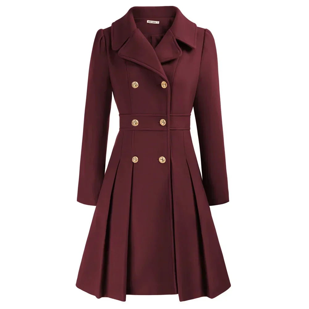 Women's Wool Coat | Double Breasted Notched Lapel A-Line Midi