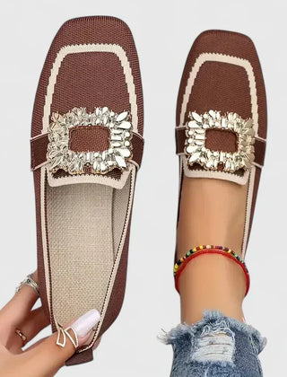 Women's Flats | Square Toe Jeweled Buckle Knit