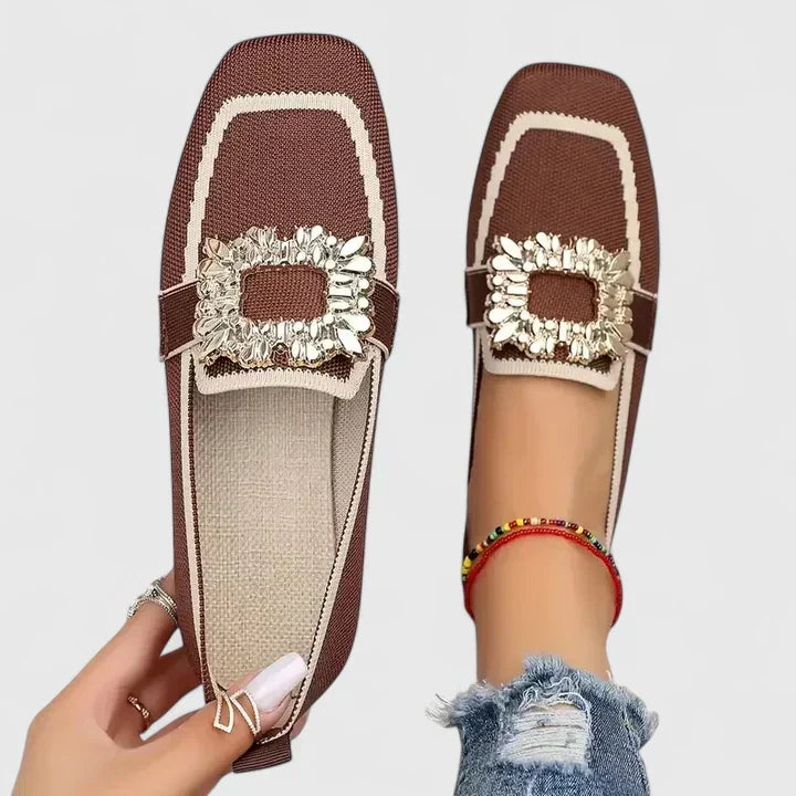 Women's Flats | Square Toe Jeweled Buckle Knit