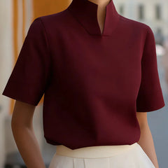 Women's Red Top | Stand Collar Short Sleeve Structured
