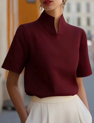 Women's Red Top | Stand Collar Short Sleeve Structured