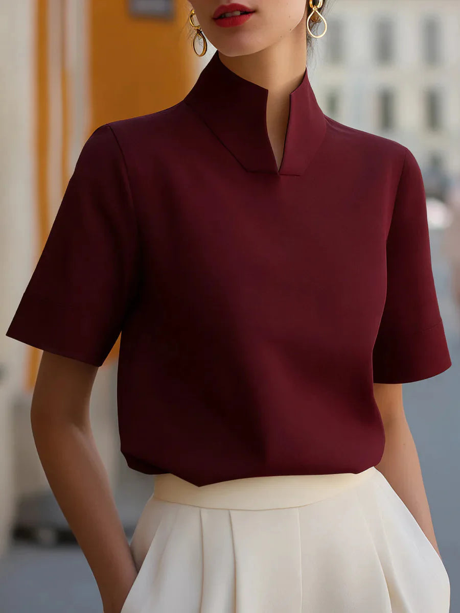Women's Red Top | Stand Collar Short Sleeve Structured