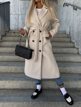 Women's Long Winter Coat | Lapel Collar Button Front Midi Length