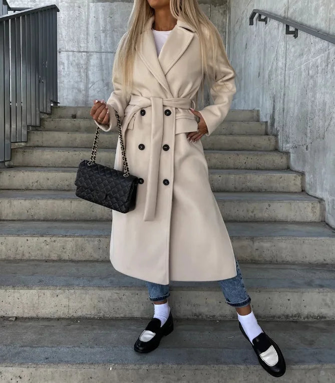 Women's Long Winter Coat | Lapel Collar Button Front Midi Length