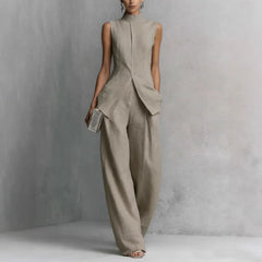 Women's Two Piece Set | Sleeveless High Neck Button Closure
