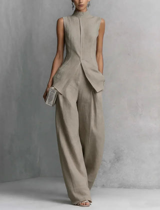 Women's Two Piece Set | Sleeveless High Neck Button Closure