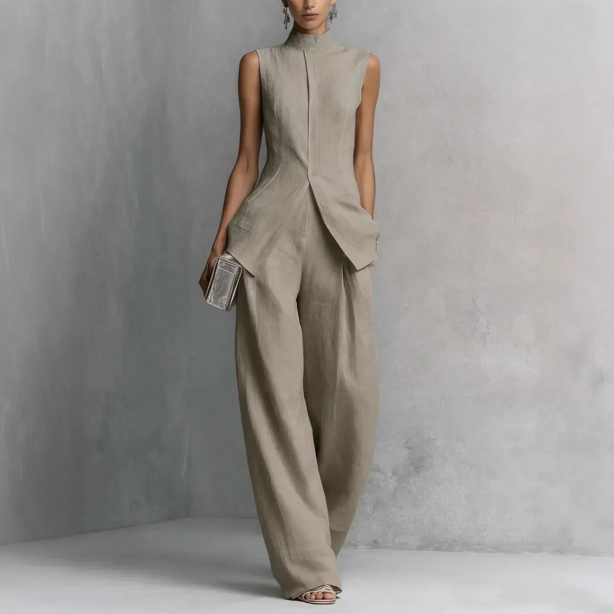 Women's Two Piece Set | Sleeveless High Neck Button Closure